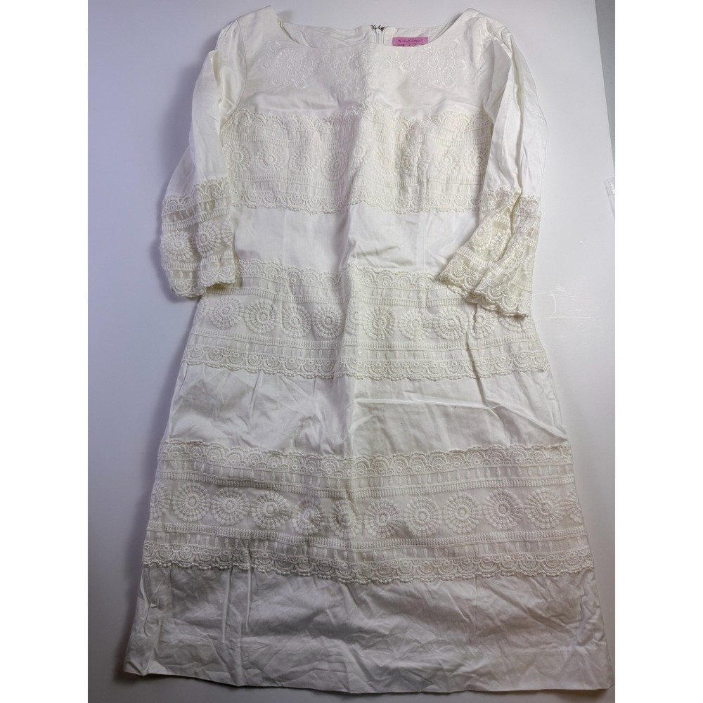 Lilly Pulitzer Off-White Eyelet Boho Lace Shift Dress 3/4 Sleeve Preppy Size 6